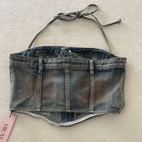 NWT Micas Rust Halter Denim Crop Top‎ Y2K Style Sz L Grunge Western - Picture 4 of 10